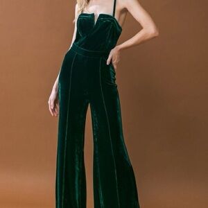 Velvet Wide-Leg Jumpsuit in Deep Green